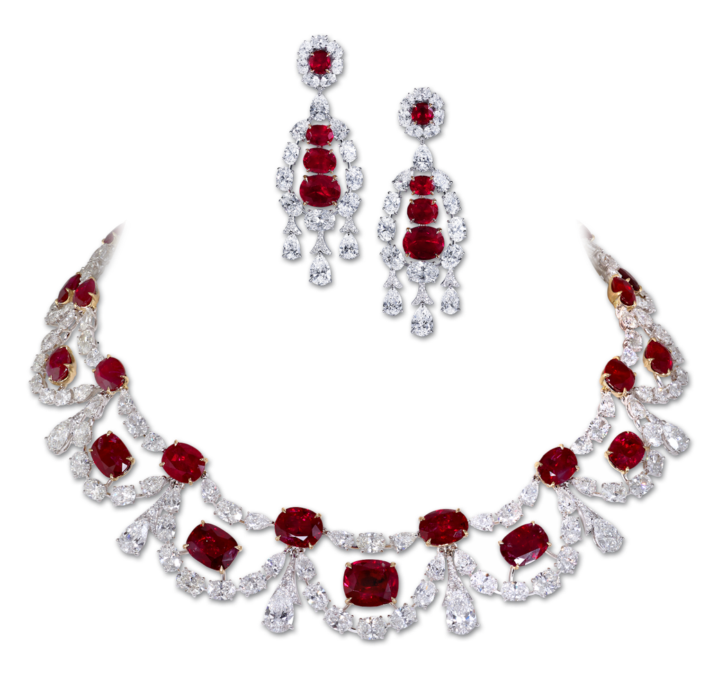 High Jewllery necklace with 77 06cts of Burma rubies and 60 77cts of diamonds High Jewellery earrings with 12 61cts of Burma rubies and 14 29cts of diamonds